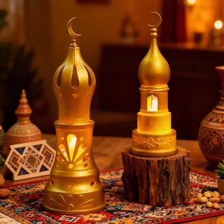 Ramadan Deko LED Kerzen Laterne, Orientalische Lampe, 2Stk Ramadan Teelichter, Ramazan Deko Licht, Flammenlose LED Kerzen Batterie, Gold Mond Kerze Ramazan Dekor, Eid Mubarak Dekoration Tisch (A)