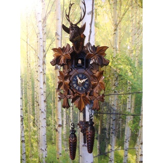 Engstler Schwarzwälder Kuckucksuhr geschnitzt Quarzwerk Hirschkopf Jagdmotiv CLOCKVILLA HETTICH Uhren