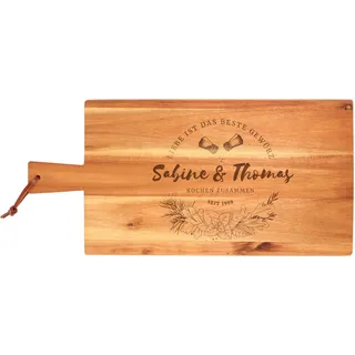 Casa Vivente Schneidebrett aus Akazien Holz mit Kulinarischer Gravur Gewürzliebe, Personalisiert mit Namen und Datum, Hochzeitsgeschenk für Paare