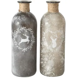 2 x Flaschenvase Hirsch mit Sisalband Glas grau hoch Landhausstil Flasche Vase Tischvasen Glasflaschen Dekoflaschen Väschen Vasen Glasvasen 21x7 cm