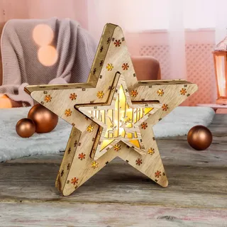 Haushalt International LED Holstern-Set mit 16 warmweißen LEDs: 2 x Weihnachtsstern Beleuchtung Fensterbeleuchtung schöner Holzstern