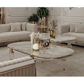 Casa Padrino Luxus Art Deco Couchtisch Weiß / Grau / Gold 120 x 70 x H. 49 cm - Wohnzimmertisch mit edler Kunstmarmor Tischplatte - Art Deco Wohnzimmer Möbel - Luxus Wohnzimmer Möbel