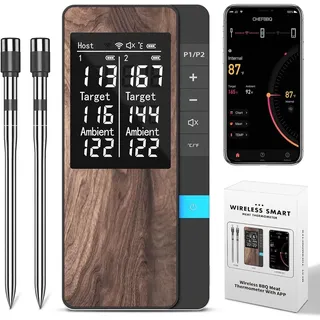 Pakinui Fleischthermometer Kabellos, Meat Grill Thermometer Mit Doppelsonde, Bluetooth Grillthermometer mit App, IP67 Wasserdicht Bratenthermometer Kabellos für Backofen Grill Smoker