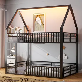 Haus-Etagenbett mit Sicherheitszaun, LED-Beleuchtung und Spielbereich für Kinder - 140x200 Schwarz - Schwarz