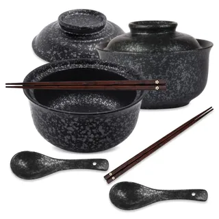 DEARBAG Keramik Ramen Schüssel Set, 800 ML Japanische Vintage Suppenschüsseln Asiatisches Geschirr mit Deckel Löffel und Essstäbchen, Ramen Bowl Schale für Ramen, Salat, Müsli (Schwarz, 2 Stück)