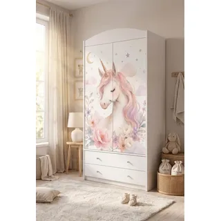 Kinderschrank groß Weiß mit Schubladen und Kleiderstange 88x187 cm Kinder Kleiderschrank 2-türig modern, bunte Aufkleber, Einhorn - Weiß