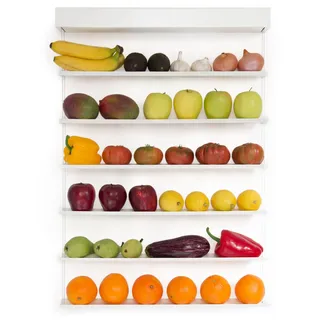 FRUITWALL Design Obstregal Wand, hängend - Obst & Gemüse, 6 Etagen Weiß | Moderne Alternative zum Hängekorb: Längere Frische, schützt vor Druckstellen & spart Platz in der Küche (59 cm)