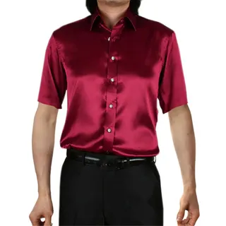 Lila Seide Luxus Kleid Shirt Männer Sommer Kurzarm Glatte Satin Hemden