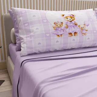 PETTI Artigiani Italiani - Bettwäsche aus Baumwolle mit Kissenbezügen im Digitaldruck, Bettlaken für französisches Bett, Bettwäsche-Set für französisches Bett, Teddy Love Lila, 100% Made in Italy