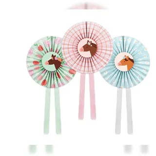 PartyDeco 3 Papier Rosetten 35cm Pferde Motiv Papierfächer Papierrosetten Dekofächer Papierdeko Hängedeko Geburtstagsdeko Kindergeburtstag Tiere Deko Pastell