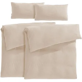 Pure Label Musselin Bettwäsche 155x220 4 teilig bestehend aus Bettbezug 155 x 220 cm 2er Set + Kissenbezug 40x80 cm 2er Set aus Baumwolle - Traumhaft kuschelige Bettwäsche-Sets in beige