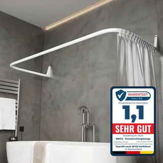 Erica U-förmige & L-förmige Duschvorhangstange für die Badewanne – Weiß | 4-in-1 U-form & L-form, Wandmontierte Duschstange, Keine Deckenbefestigung Erforderlich, Weiß Pulverbeschichteter Stahl