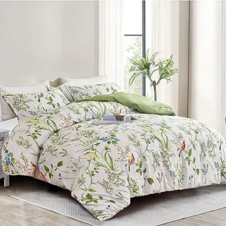 DXHOME Bettwäsche 135x200 Blumen Grün Weiß Pflanzenmuster Vögel Weiche Mikrofaser Elegant Wendbettwäsche Für Jugendliche Bettdeckenbezug mit Reißverschluss und 80x80cm Kissenbezug