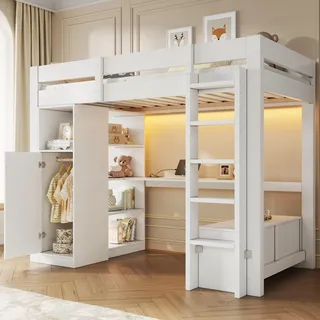 BTM Holz Hochbett 90x200 mit Schreibtisch und Kleiderschrank Kinderhochbett mit LED-Beleuchtung, Regalen und USB, Weiß