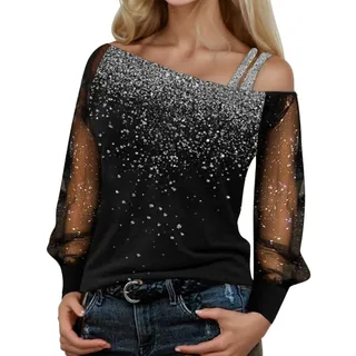 Sexy Oberteil Damen Top Schulterfreies One Shoulder Rüschenbluse Modern Shirt Langarm Türkis Oberteile Bluse Sexy Schulterfrei Damenblusen Carmenbluse Netzshirt