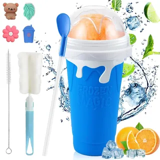 Slush Becher,500ml Slushie Maker Becher,Slush Becher maker Silikon Squeeze Cup,DIY Slushy Maker Cup Gefrorene Maker Smoothie Becher Sommer-Slush Cup mit Strohhalmlöffel