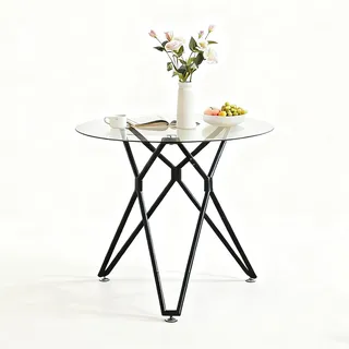 OKWISH Esstisch rund Glas Schwarz 90x90x78 cm mit Hartglasplatte und Metallbeinen, minimalistisches Design, verstellbare Füße, für Küche