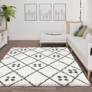 VIMODA Hochflor Shaggy Teppich Rauten Muster mit Punkte Skandinavisch Creme Anthrazit, Maße:120x170 cm