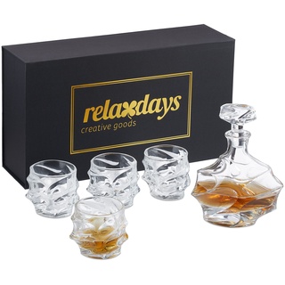 Relaxdays Set, 5-teilig, Whisky-Karaffe 750 ml, 4 Whiskygläser 285 ml, Cognac Dekanter, Geschenkbox, transparent