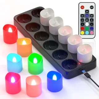 PChero LED Teelichter Wiederaufladbar mit Timer Fernbedienung, 12er Set RGB LED Multicolour Bunte Kerzen Aufladbar Flackernd mit Timerfunktion und Ladestation für Halloween Zimmer Deko Weihnachten