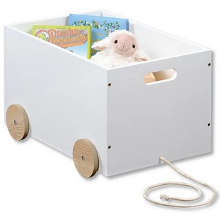 KESPER for kitchen & home Holzkiste Kinder Spielzeugkiste mit Rollen rollbare Spielkiste, mit Kordel als Zugschnur zum leichten Hinterherziehen weiß