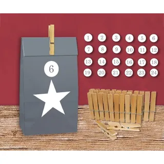 Adventskalender Bastelset 72-tlg Papier Tüte Holzklammer Zahlensticker Advent