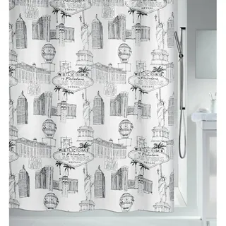 spirella Duschvorhang VEGAS Breite 180 cm, Premium Textil-Duschvorhang, 100% Polyester, Made in Europe, wasserabweisend, Anti-Schimmel-Effekt, waschbar 30°, Trend Motiv Las Vegas, Farbe weiß/schwarz, Größe 180 x 180 cm schwarz|weiß 180 cm x 180 cm