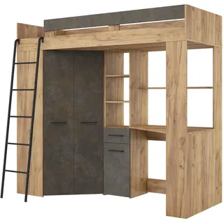 FurnitureByJDM Hochbett mit Schreibtisch und Schrank – Kinderbett 80x200 cm mit Stauraum – Jugendzimmer Komplett Set– Platzsparendes Möbel Floor(Craft Gold Granada Braun,Linke Leiter)