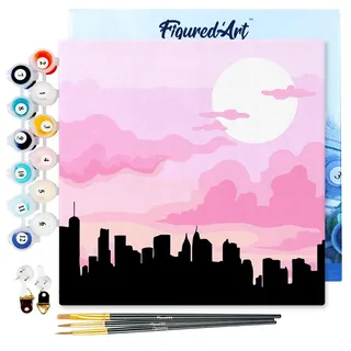 Figured'Art Mini Malen Nach Zahlen Erwachsene Mit Rahmen 20x20cm Kleines Format - New York unter einem rosa Himmel - Paint by Numbers Basteln DIY Bastelset Leinwand gespannt auf Holzrahmen