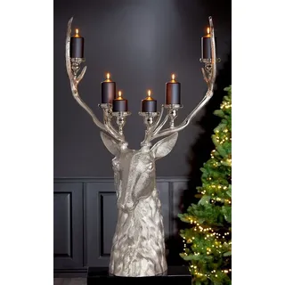 GILDE Dekoobjekt Der Waldkönig - Luxuriöser Aluminium Hirsch Skulptur und Kerzenständer