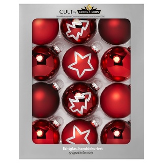 KREBS & SOHN 12er Set Glas Christbaumkugeln Heitmann Deco - Weihnachtsbaum Deko zum Aufhängen - Weihnachtskugeln 8 cm - Rot Sterne