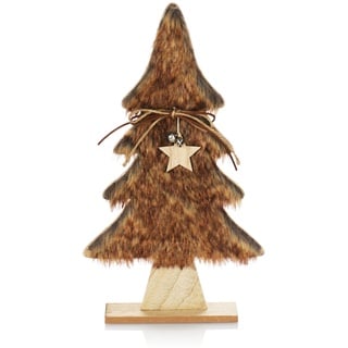 com-four® Dekorativer Aufsteller für Weihnachten - Weihnachtsbaum aus Holz mit Kunstfell und Glöckchen - Tannenbaum als Weihnachtsdeko (01 Stück Tanne 40cm braun)