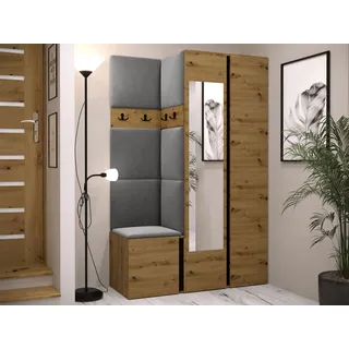 MIRJAN24 Garderoben-Set Orion XXVI, (Komplett-Set, Schrank, Kleiderschrank mit Spiegel, Kleiderhaken, 7x Paneel 42x42), Auswahl aus Fronten und Polsterplatten grau
