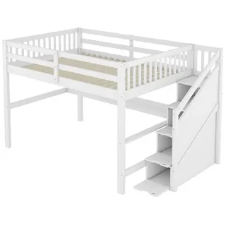 SOFTWEARY Hochbett mit Schreibtisch und Lattenrost (Treppe mit Schränken, 140x200 cm) Kinderbett mit Rausfallschutz, Holzbett weiß