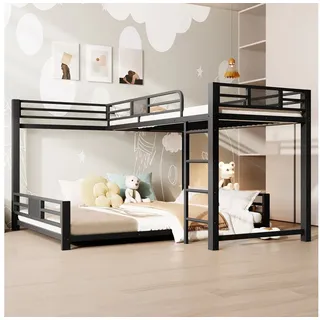 Odikalo Etagenbett 90x200 140x200 Kinderbett Jugendbett Metallbett (L-förmiges Metall-Etagenbett 90x200 über 140x200, Weiß / Schwarz) schwarz