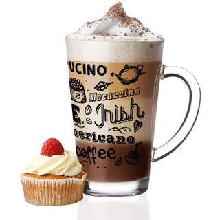 Sendez 6 Latte Macchiato Gläser 300 ml mit Henkel – Kaffeegläser Set mit Kaffee Aufdruck – Teegläser aus Pressglas für Latte Macchiato, Cappuccino, Milchkaffee, Tee & Eiskaffee