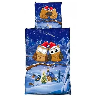 Fleece Bettwäsche Weihnachtsmotiv mit Eulen 135x200 cm Deckenbezug, 80x80 cm Kissenbezug