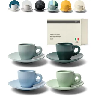KIVY Espresso Tassen Set [4x 75ml] - Espressotassen mit Untertassen - Handgefertigte Espresso Tassen dickwandig - Italienische Espressotassen Steingut Dickwandig - Grün, Blau