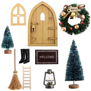 Wichteltür Zubehör Weihnachten Set, Wichteltür Zubehör Set Weihnachten, Weihnachtswichtel Tür Set, Holz Wichtel Tür, mit Miniatur Leiter, Laterne, Stiefel, Kranz, Wichtelbesen, Feentür Set (10pcs)