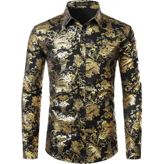 PARKLEES Herren Luxus Paisley Gemustert Golden Glänzend Slim Fit Freizeithemd - XXL