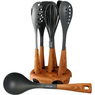 Stoneline Back to Nature 8-teiliges Küchenhelfer Set, Holzoptik, drehbarer Ständer, Kochbesteck für antihaftbeschichtes Koch- und Backgeschirr, stylisches Küchen Zubehör
