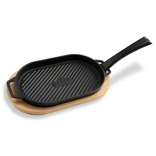 Witt Grillpfanne aus Gusseisen gerillt mit abnehmbarem Griff und Servierbrett aus Holz
