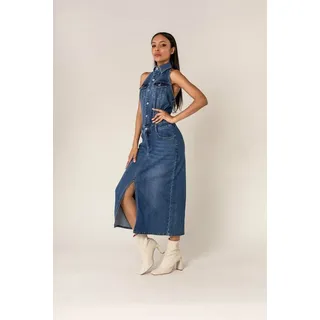 Nina Carter Shirtkleid Eleganter Neckholder Jeans Midi Denim Dress (lang) Denim Neckholder blau S