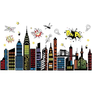 FUFUQUARE Wandtattoo Skyline Stadt Comic Wandaufkleber Superhelden Hochhäuser Bunte Wolkenkratzer Selbstklebend Wandsticker für Kinderzimmer Jungenzimmer Spielzimmer Wanddeko