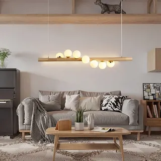 Pendelleuchte Holz LED Esstisch Pendellampe Vintage Hängelampe Hängeleuchte Höhenverstellbar Kugel Aus Glas Pendellampe Mit G9 Leuchtmittel Retro Deckenleuchte Für Esszimmer Kronleuchter,7 head