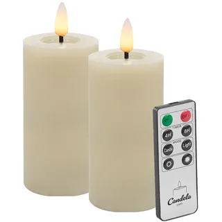 Candela LED Kerzen 2er Set H:10xØ5cm Winter creme glatt Echtwachs mit Fernbedienung Timer Funktion & mehrstufig dimmbar flammenlos Echtwachskerzen Stumpenkerze