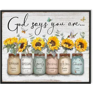 Wandkunst: Christliche Wandkunst, gerahmt, inspirierende Zitate, Bibelvers, Wanddekoration für Wohnzimmer, Schlafzimmer, Sonnenblumenbilder, religiöse Schrift, Wandkunstdrucke, Poster, 30,5 x 38,1 cm