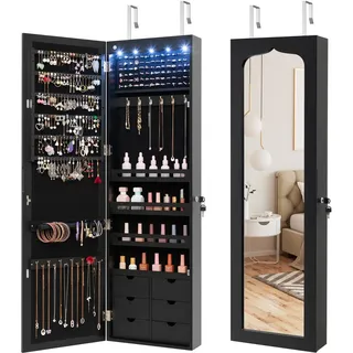 GOPLUS Schmuckschrank hängend, Schmuckaufbewahrung Wand mit Schloss & 2 Schlüsseln & LED-Beleuchtung, Spiegelschrank mit Schubladen, Stauraum für Halsketten, Ringe, Ohrringe (Schwarz)