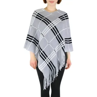 dy_mode Strickponcho Damen Strick Poncho Kariert Fransenponcho Überwurf Cape Pullover in Karo Muster, mit Fransen grau
