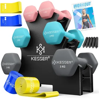 Kesser Hantel-Set 12 kg Kurzhanteln rutschfeste Neopren rosa/silber mit Ständer und Übungsheft